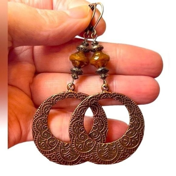 Hand Crafted Artisan Earrings Copper Pendant Earrings Bohemian Earrings # 180 - Picture 1 of 5
